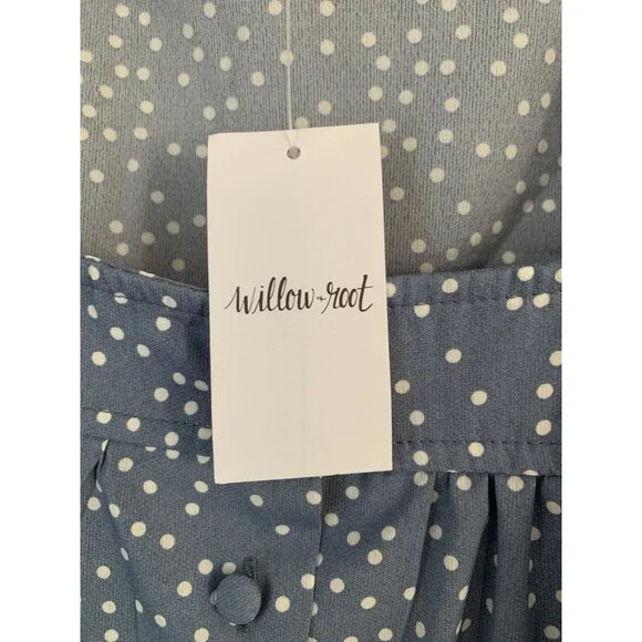 NWT Willow & Root Square Neck Blue/White Polka Dot Flutter Sleeve Blouse- Size M - Picture 7 of 10
